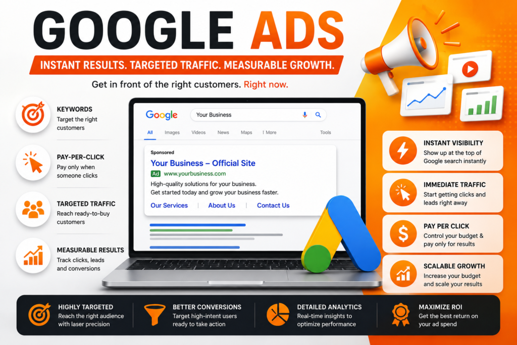 A picture showing Google ads' applications in a orange background